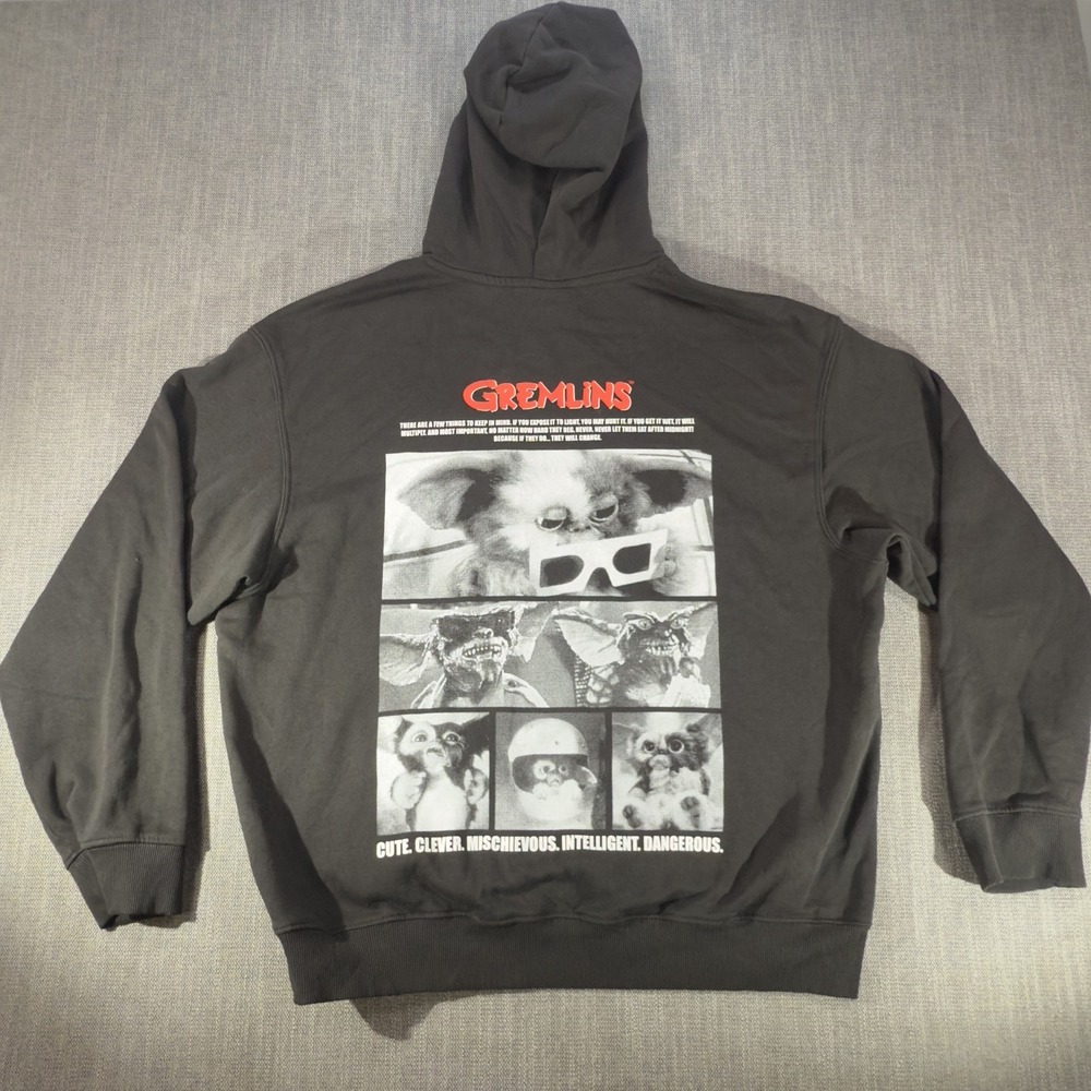 H&M Hoodie Mens XL Gray Gremlins Gizmo Graphic Fleece Pullover Kangaroo Pocket